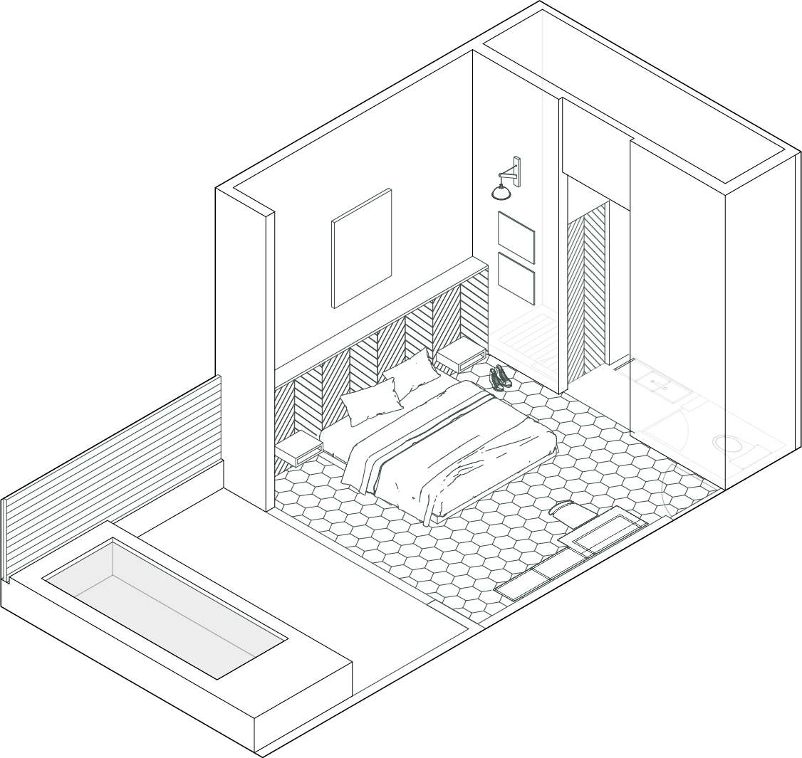 Plano isométrico del suite con jacuzzi exterior Plano isométrico del suite con jacuzzi exterior