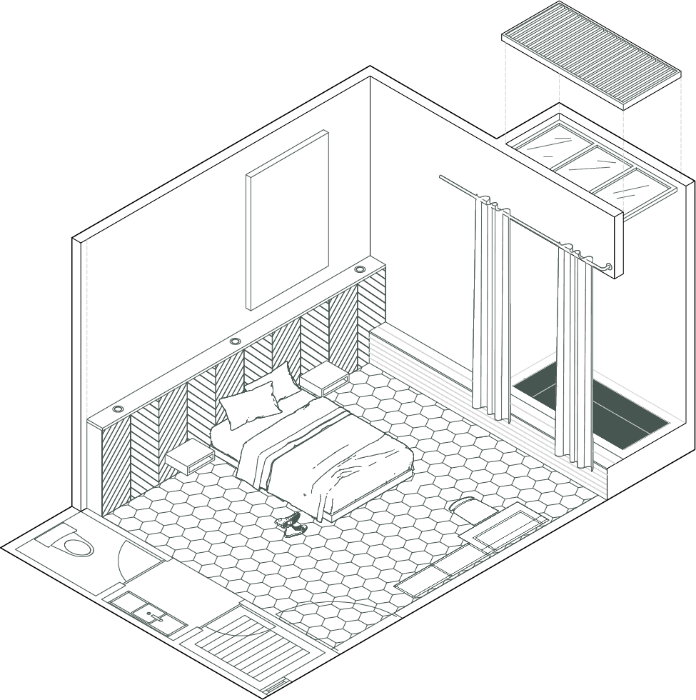 Plano isométrico del suite con jacuzzi Plano isométrico del suite con jacuzzi