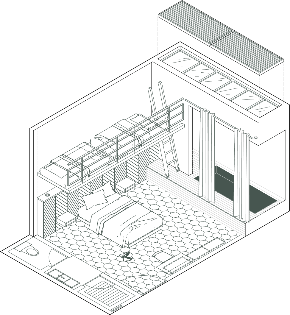 Plano isométrico del suite con jacuzzi y tapanco Plano isométrico del suite con jacuzzi y tapanco
